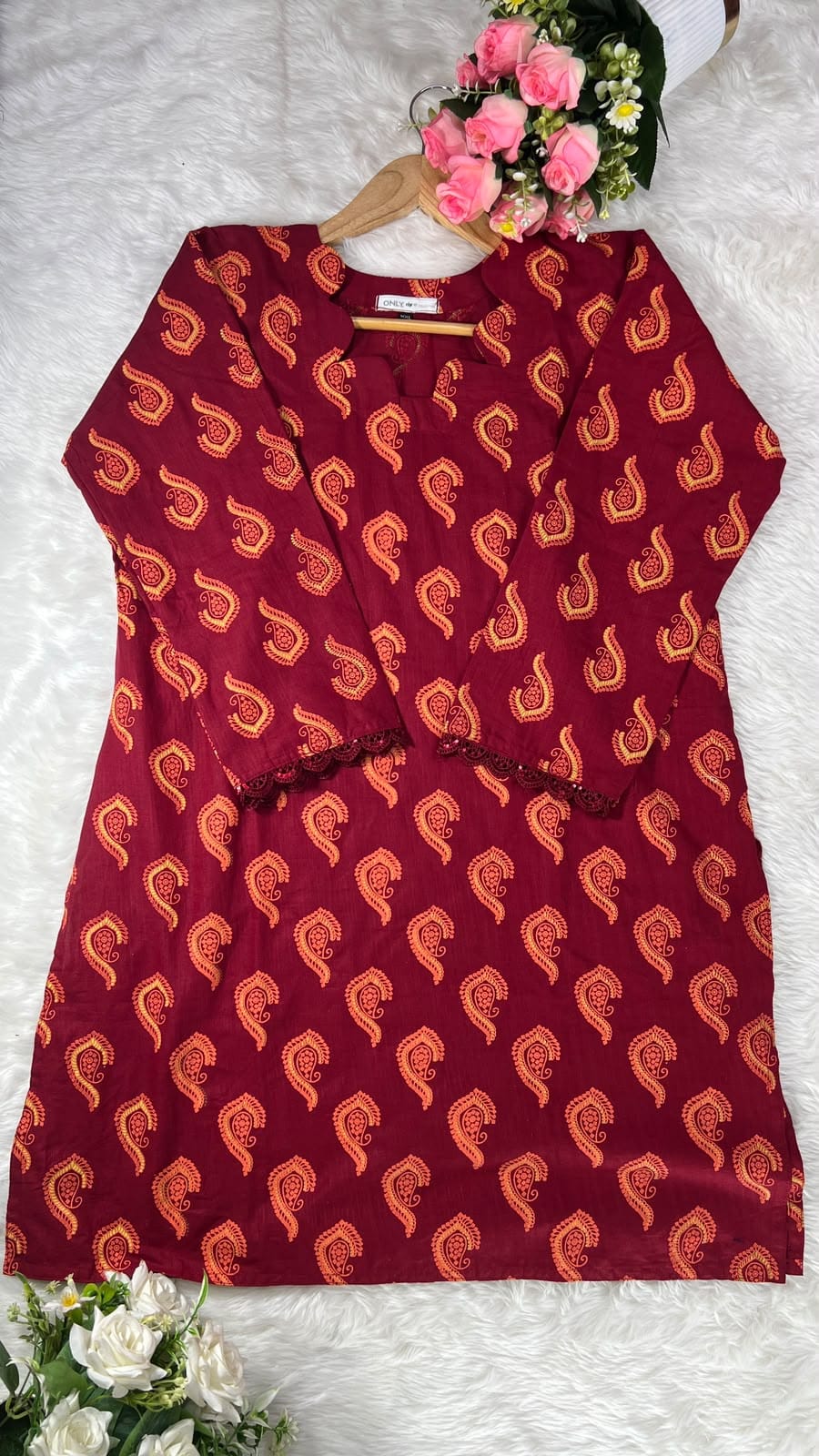 Premium Aarong Slab Cotton Floral Kurti - Magenta